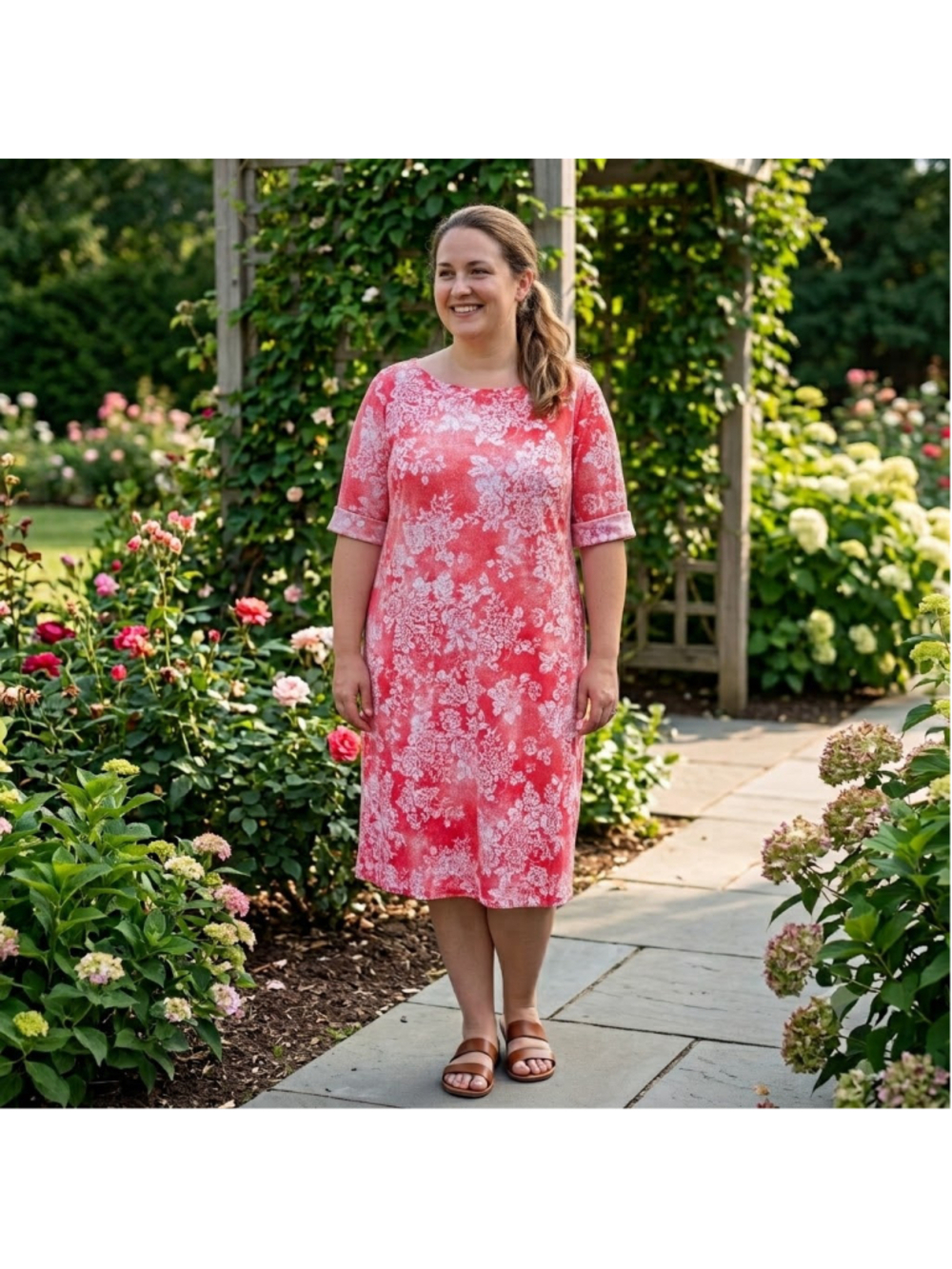 Karen Scott Women's Floral Shift Midi Dress Strawberry Pink Red White Sz XXL NWT